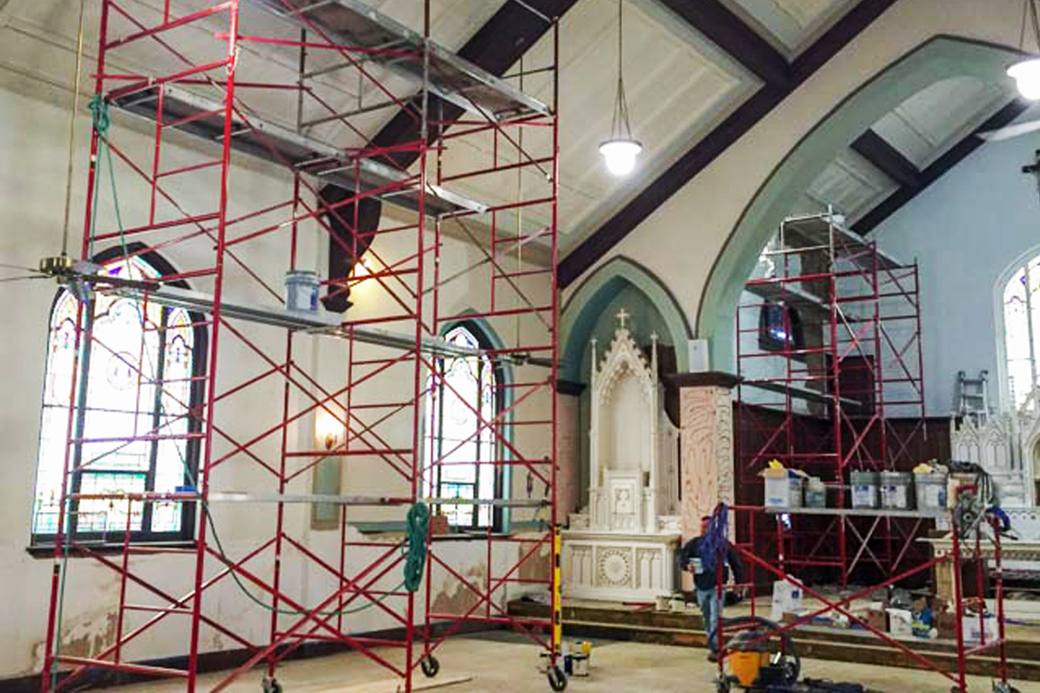 Scaffolding enabled the walls and ceiling to be repaired and repainted.
